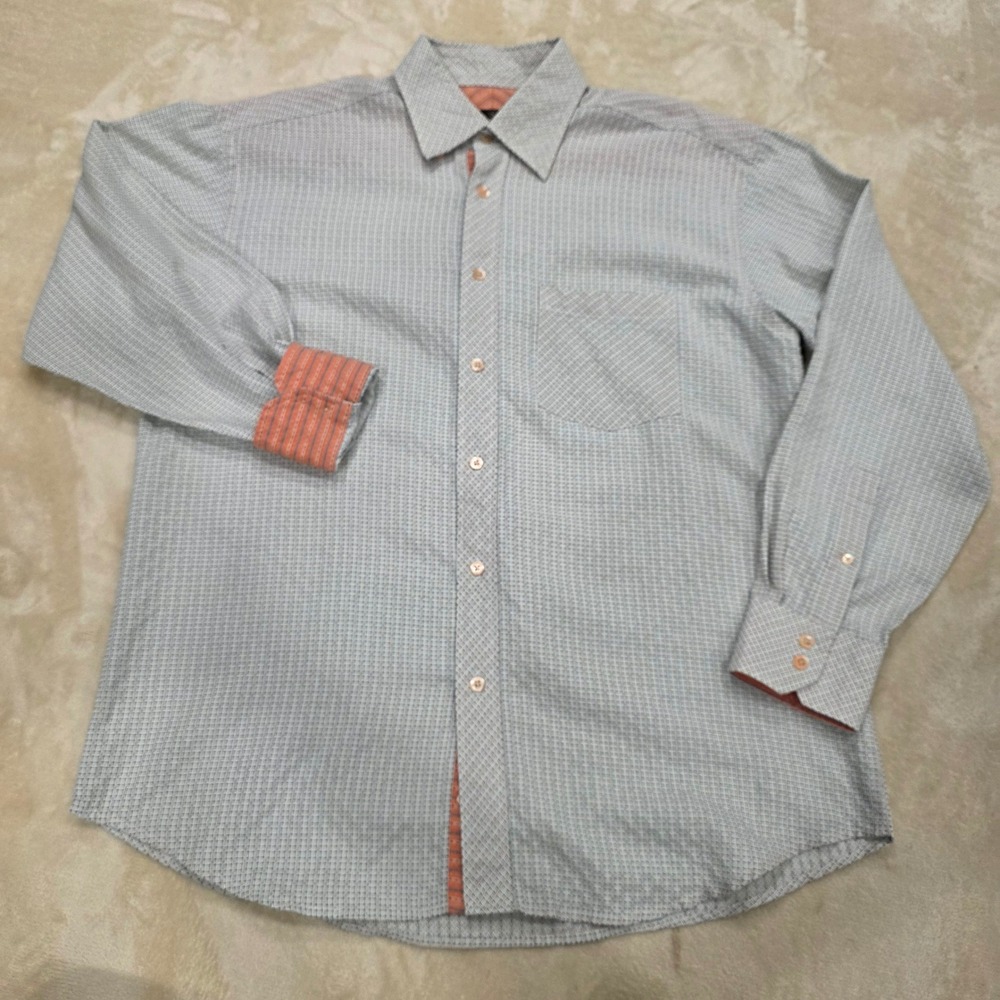 Bugatchi Uomo Shirt Mens Large L Long Sleeve Flip Cuff Grey Orange Check EUC